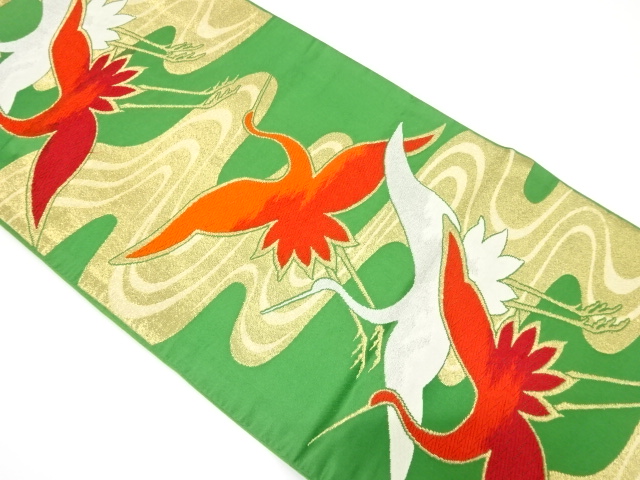 JAPANESE KIMONO / ANTIQUE FUKURO OBI / WOVEN STREAM & CRANE